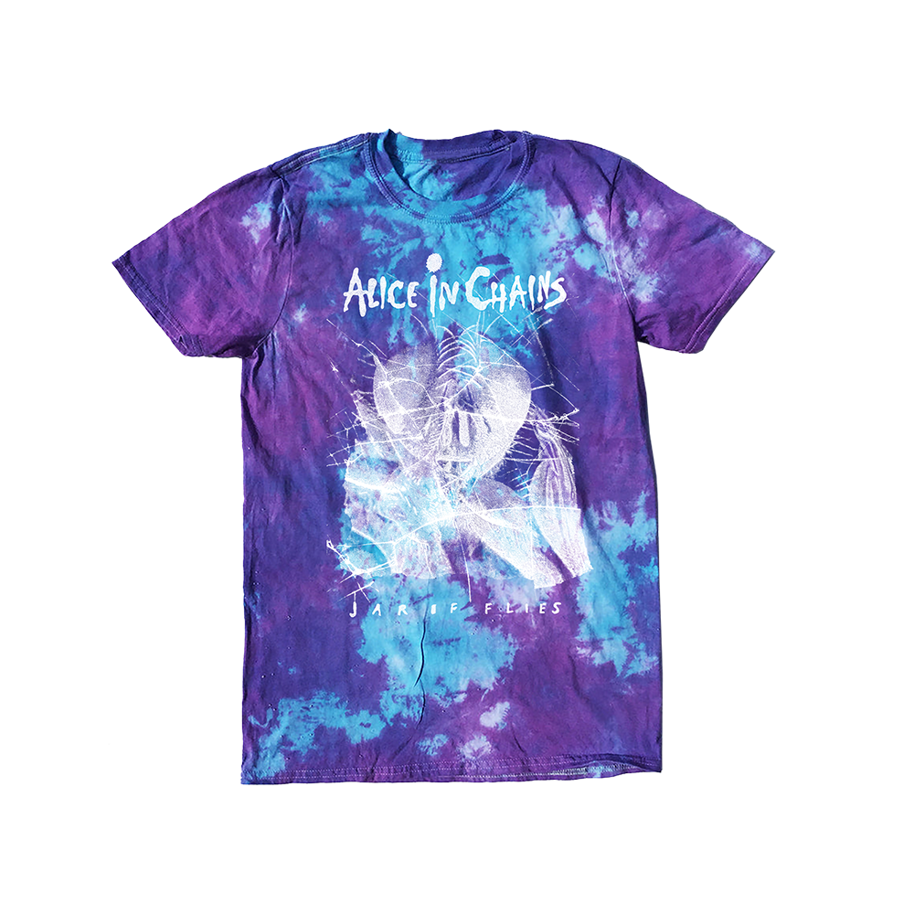 Official Alice in Chains Merchandise. 100% cotton custom blue, purple and pink tie dye unisex t-shirt featuring art inspired but the Jar of Flies album cover. Each shirt is unique due to the dying process.