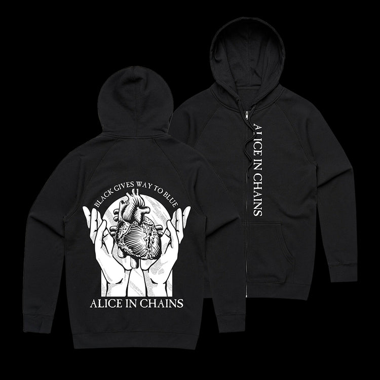 Official Alice in Chains Merchandise. 70% cotton / 30% polyester blend fleece black zip up hoodie with the Black Gives Way to Blue album art heart printed on the back.