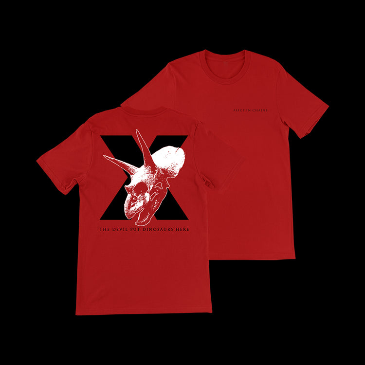 Official Alice In Chains Merchandise. 100% red cotton t-shirt featuring The Devil Put Dinosaurs Here album skull on the back and the Alice In Chains logo on the front.