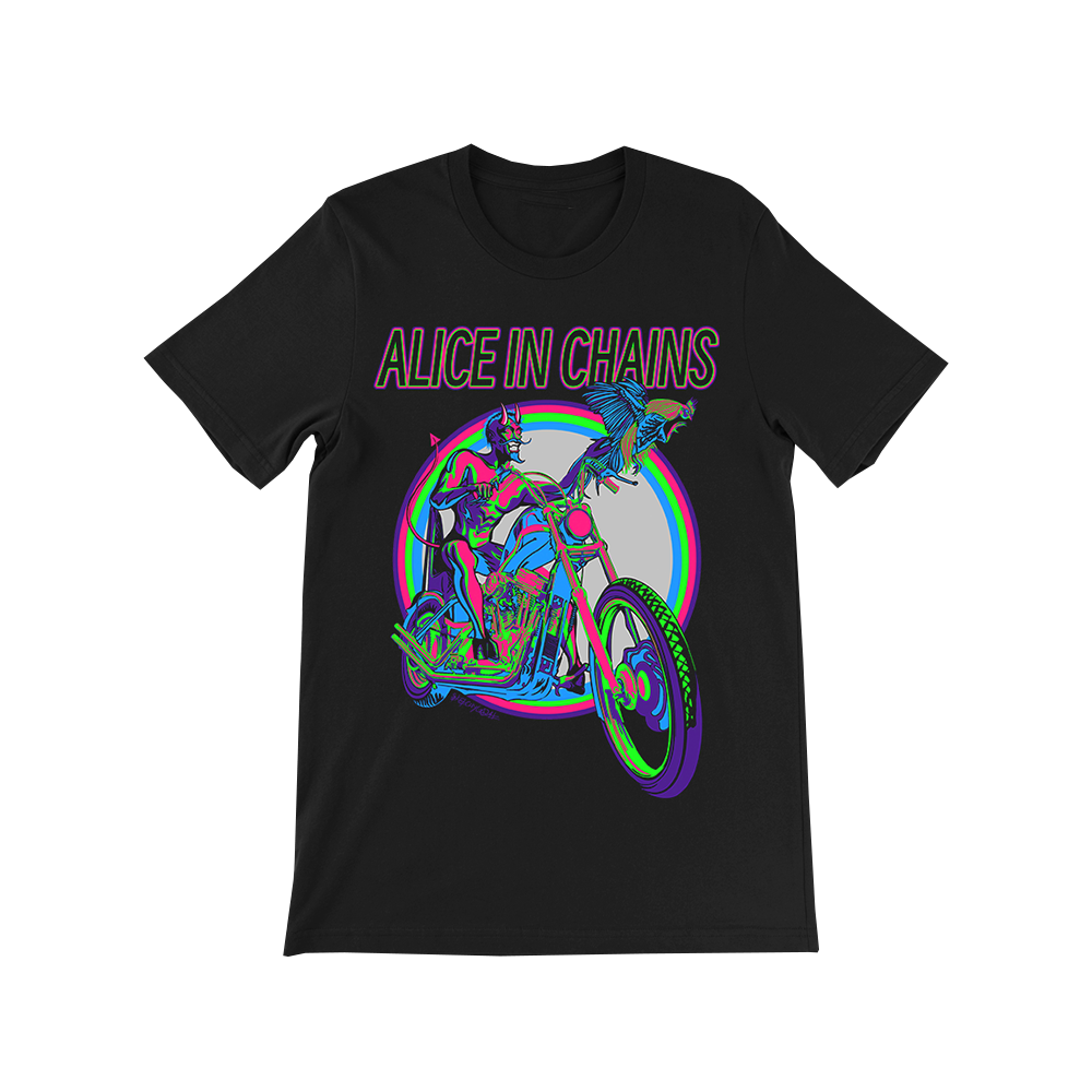 Official Alice in Chains Merchandise. 100% black cotton t-shirt featuring a neon colored Devil riding a motorcycle.