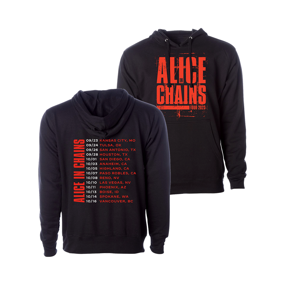 Official Alice in Chains Merchandise. 80% cotton / 20% polyester blend, mid weight fleece pullover hoodie featuring a red logo and the Fall 2023 tour dates on the back