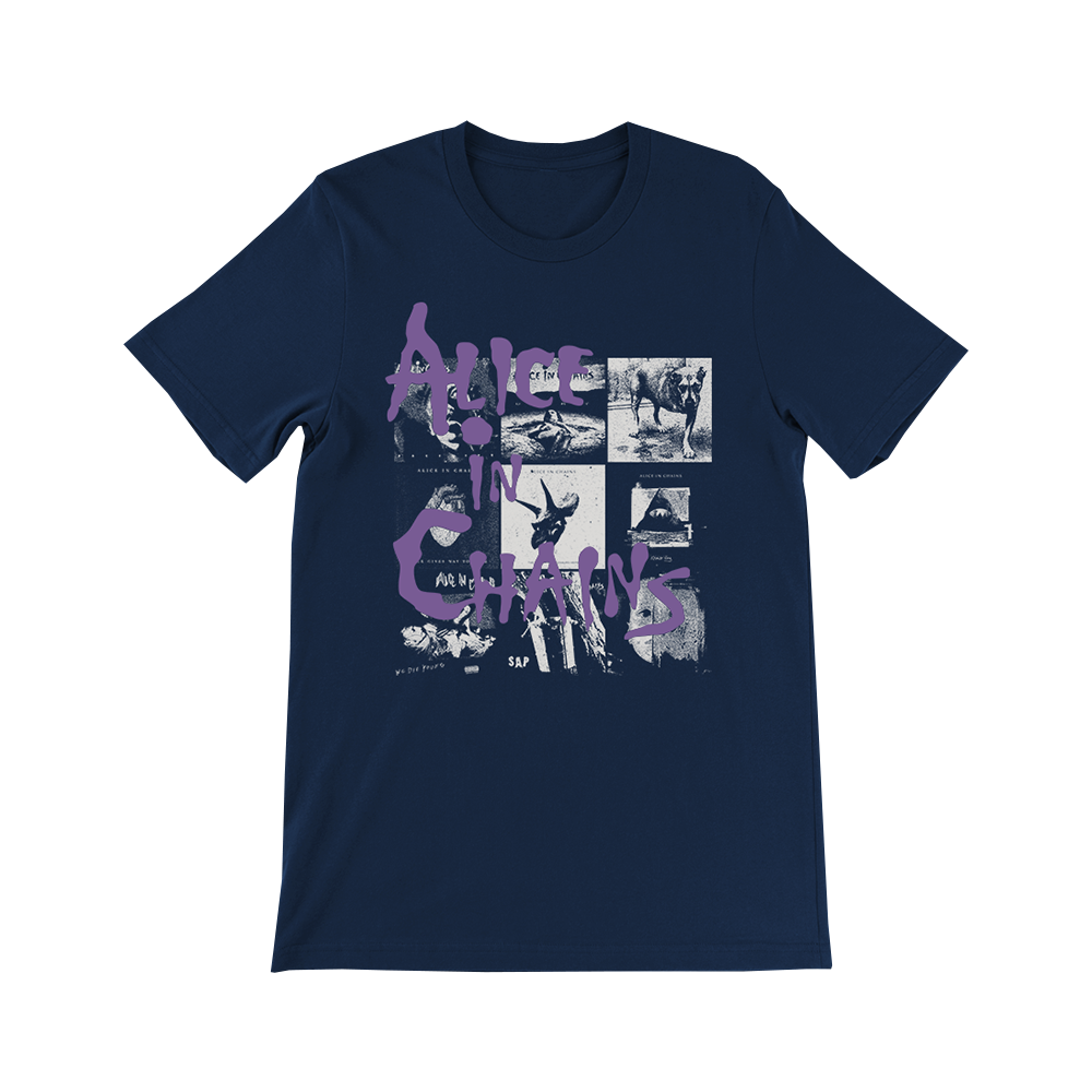 Official Alice in Chains merchandise. 100% navy cotton t-shirt with a purple Alice in Chains Dirt era logo along with all the album covers from the band's discography.