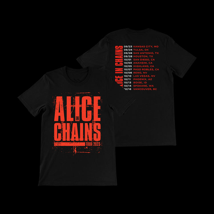 Official Alice in Chains Merchandise. 100% black cotton, red logo t-shirt featuring the Fall 2023 tour dates on the back.