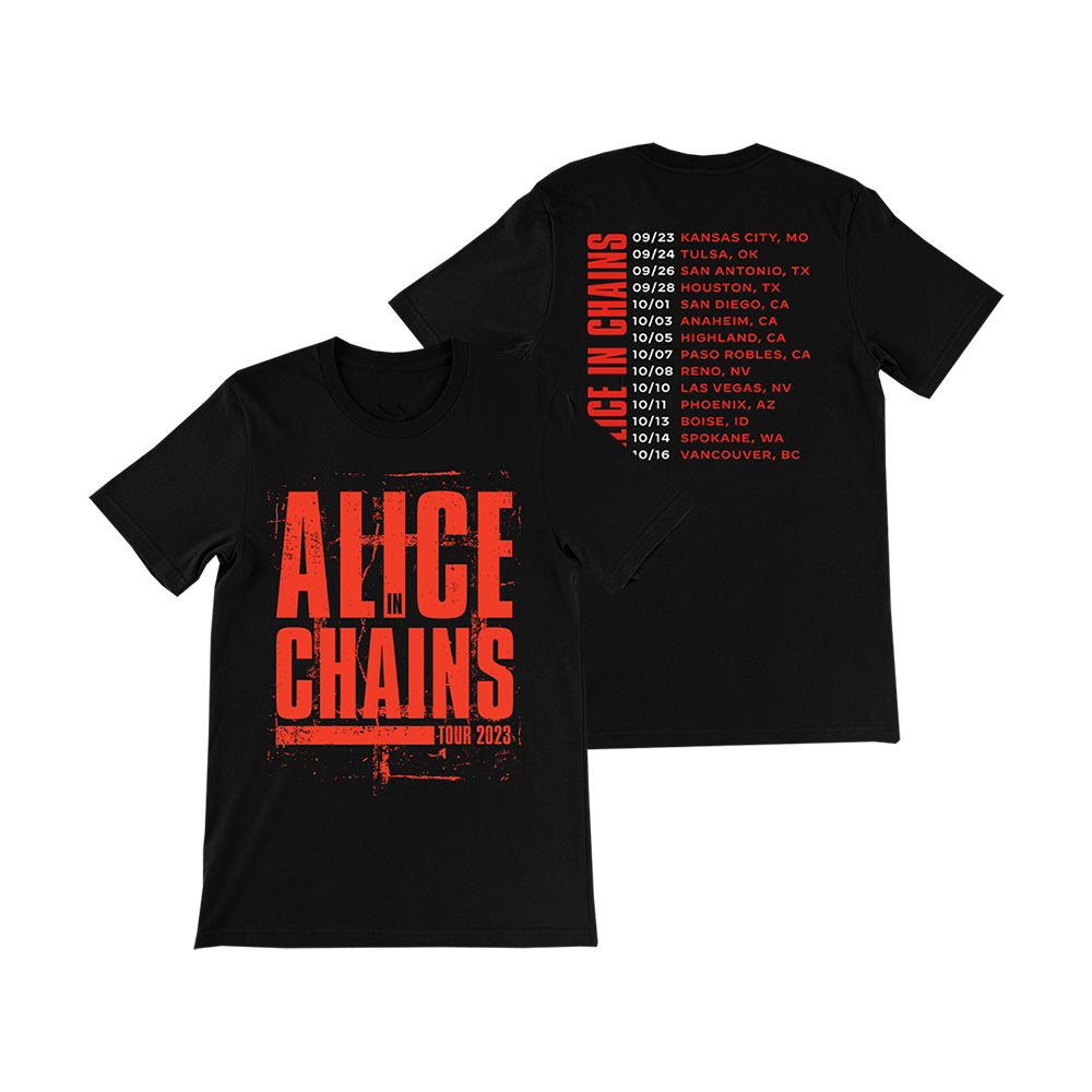 Official Alice in Chains Merchandise. 100% black cotton, red logo t-shirt featuring the Fall 2023 tour dates on the back.