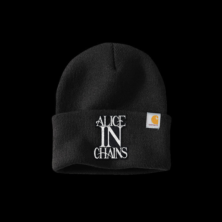 Official Alice in Chains Merchandise. 100% acrylic, black rib knit beanie featuring an embroidered Alice In Chains logo and a Carhartt® label sewn on left side.