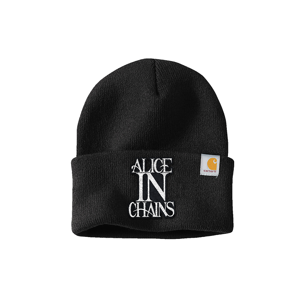 Official Alice in Chains Merchandise. 100% acrylic, black rib knit beanie featuring an embroidered Alice In Chains logo and a Carhartt® label sewn on left side.