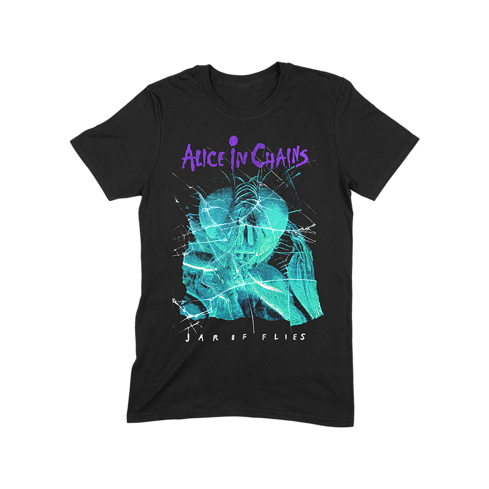 Official Alice in Chains Merchandise. 100% cotton, black heavyweight unisex t-shirt featuring the Jar of Flies album fly printed in blue and a purple Alice in Chains logo.