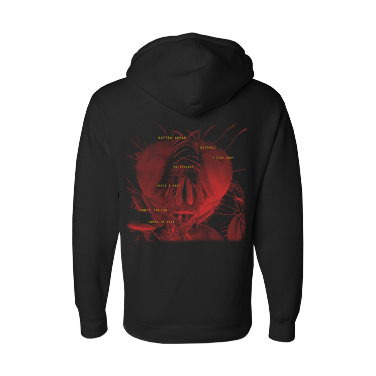 Black hoodie with a red graphic design on the back featuring abstract shapes and text.