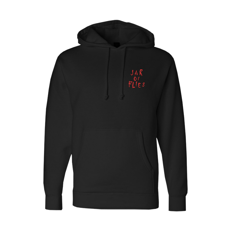 Black hoodie sweatshirt with red ’JAR OF FLIES’ text on the chest.