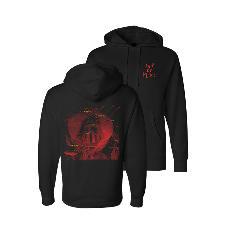 Black hoodie sweatshirt with red graphic design on the back and small text on the front.
