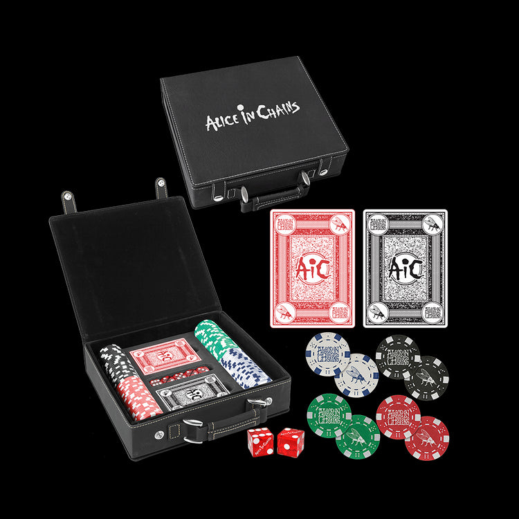 Official Alice in Chains merchandise. Custom poker set packaged in a black leatherette case with a logo print and two snap enclosures.
