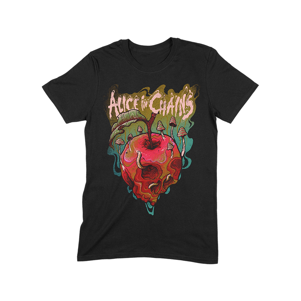 Official Alice in Chains Merchandise. 100% cotton, black heavyweight unisex t-shirt featuring a rotten apple illustration and the Alice in Chains logo.