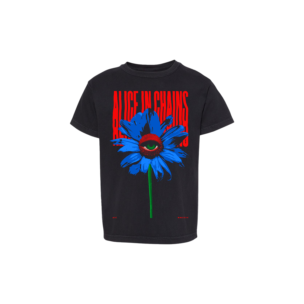 Black t-shirt featuring an Alice in Chains logo and a blue flower with an eye in the center.