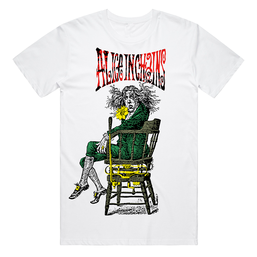 White t-shirt featuring a graphic design of a disheveled figure sitting in a wooden chair, with ’Alice in Chains’ text above.