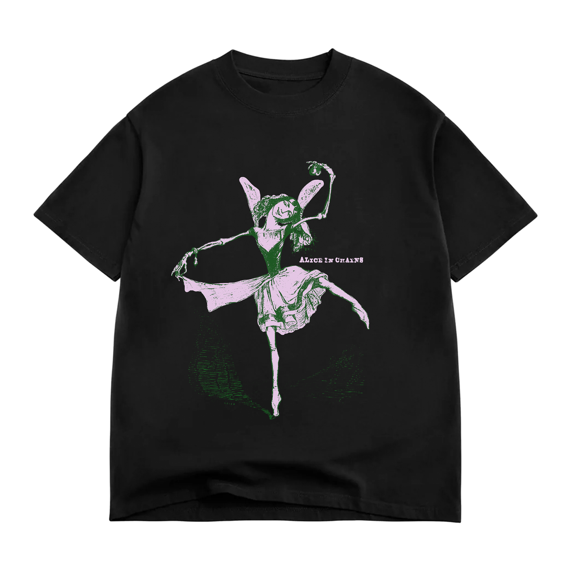 Black cotton t-shirt featuring a green and white illustration of a fairy dancer with the text ’alice in chains’ printed below.