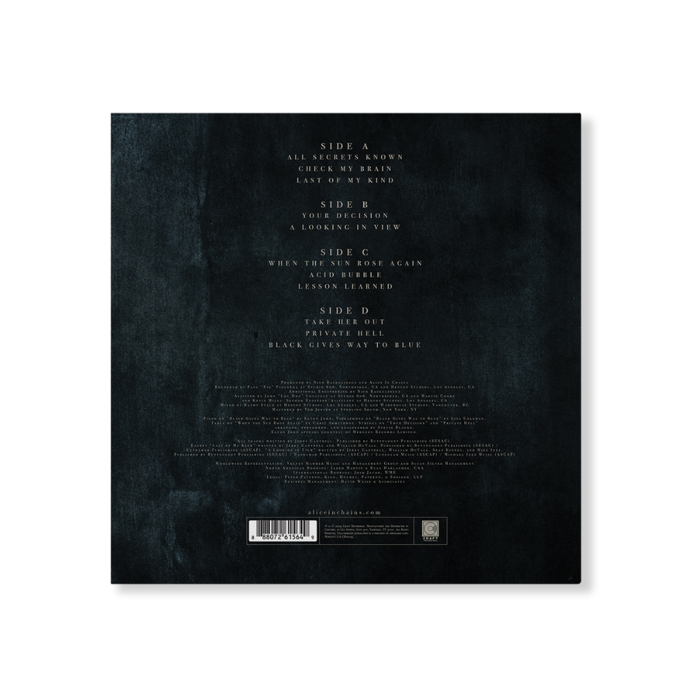 Dark textured vinyl record sleeve with embossed track listing and barcode.