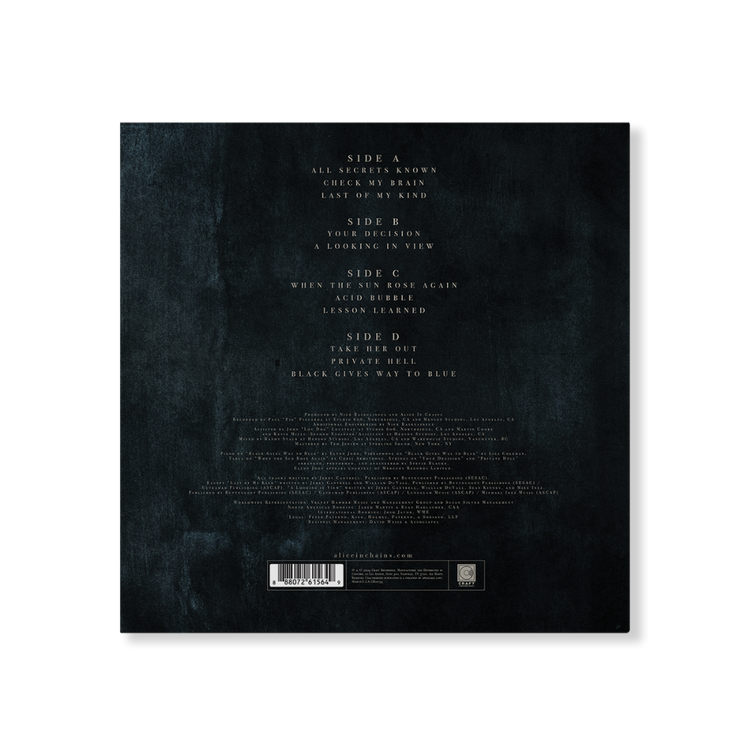 Dark textured vinyl record sleeve with embossed track listing and barcode.