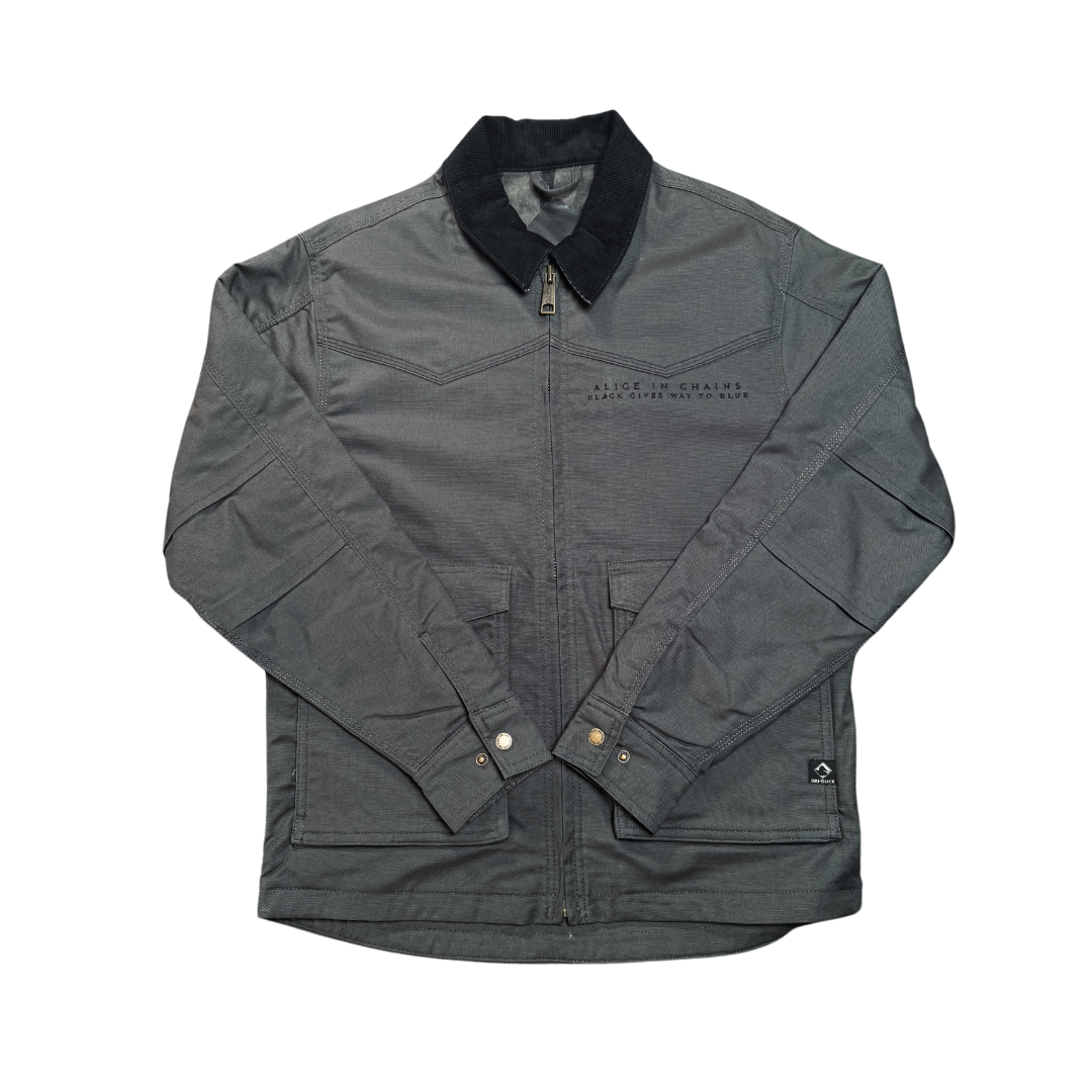Dark gray work jacket with black collar and black gives way to blue embroidered text on the chest