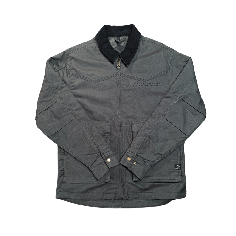 Dark gray work jacket with black collar and black gives way to blue embroidered text on the chest