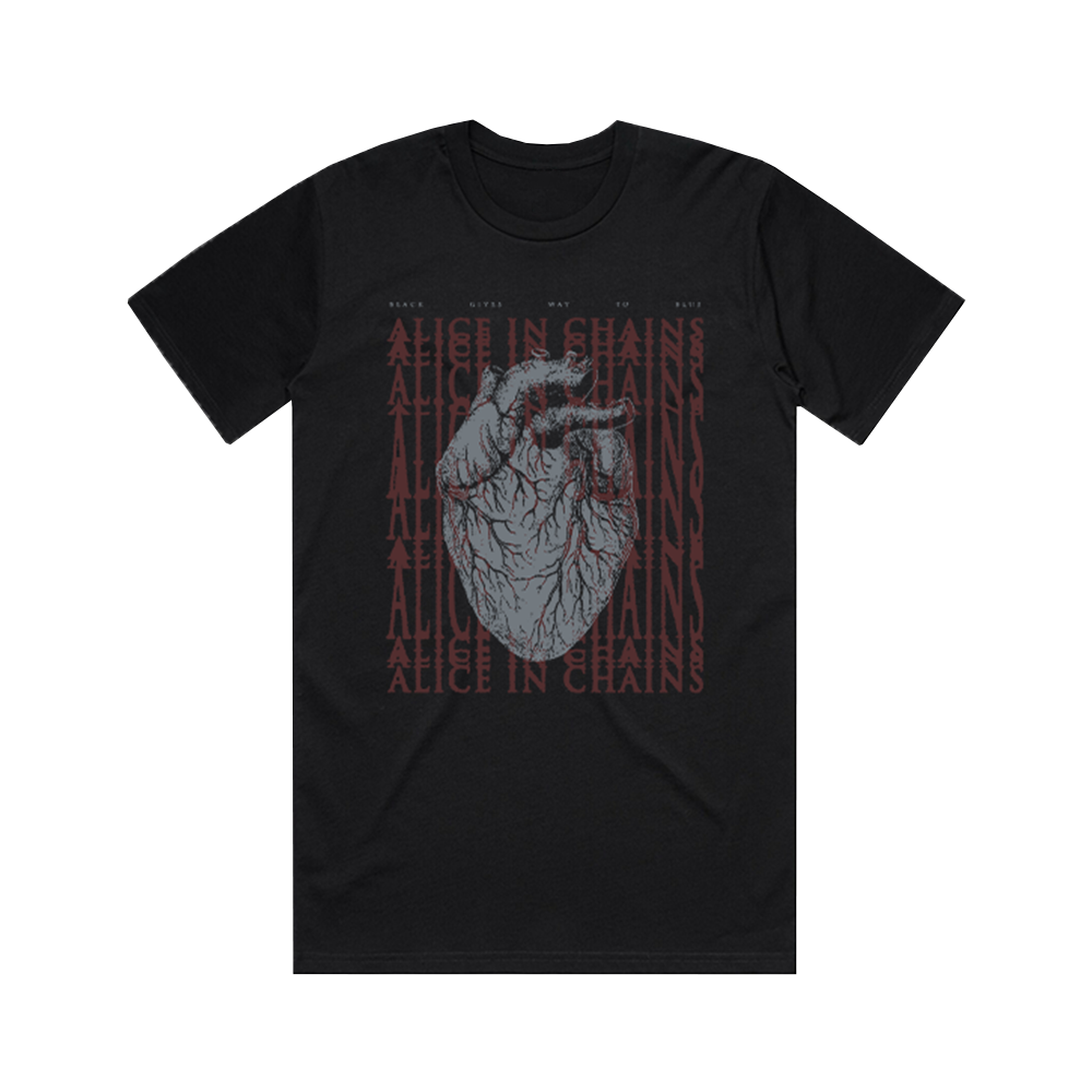 Black t-shirt featuring an anatomical heart design and repeated ’Alice in Chains’ text.