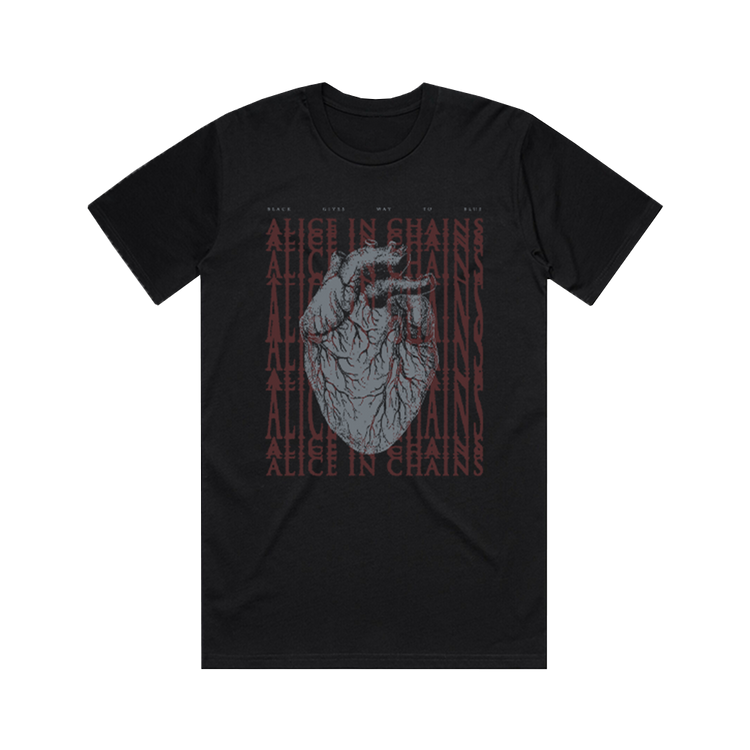 Black t-shirt featuring an anatomical heart design and repeated ’Alice in Chains’ text.