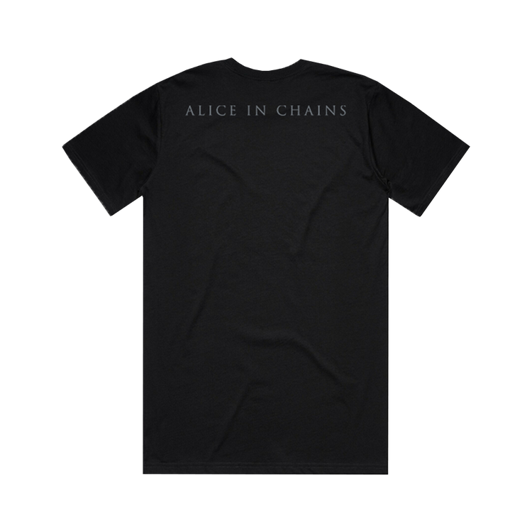 Black t-shirt with ’ALICE IN CHAINS’ printed on the back in gray text.