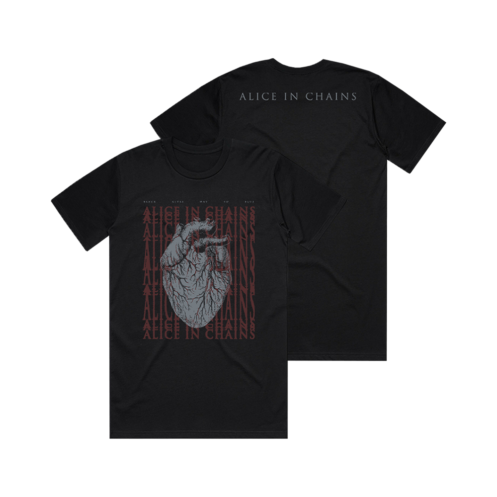 Black t-shirt with an anatomical heart design and ’Alice in Chains’ text repeated on the front.