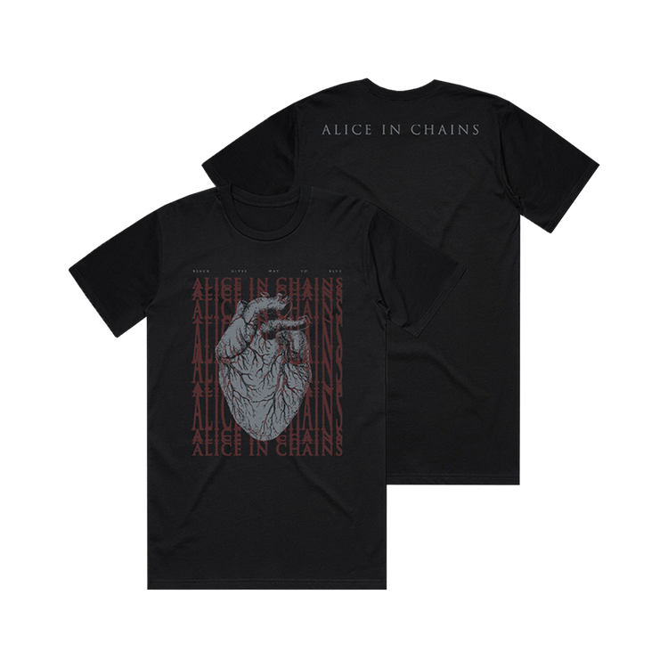 Black t-shirt with an anatomical heart design and ’Alice in Chains’ text repeated on the front.