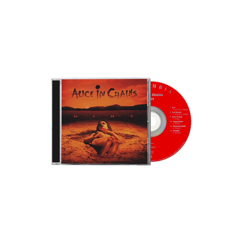 Alice in chains dirt cd with red disc and orange cover art featuring a woman lying on sand from official merchandise