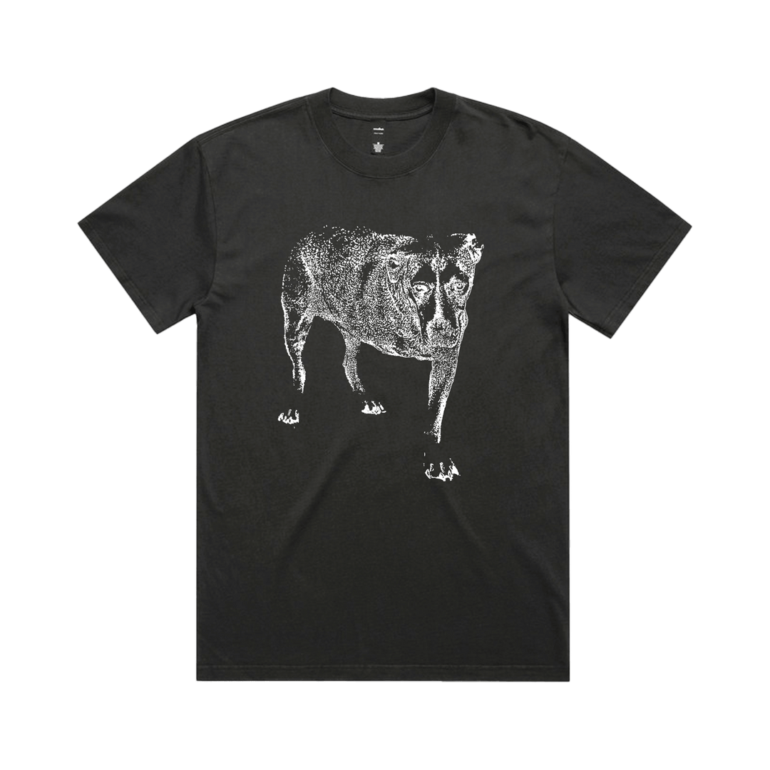 Black t-shirt from Alice In Chains official store featuring a white stippled dog graphic and logo black design