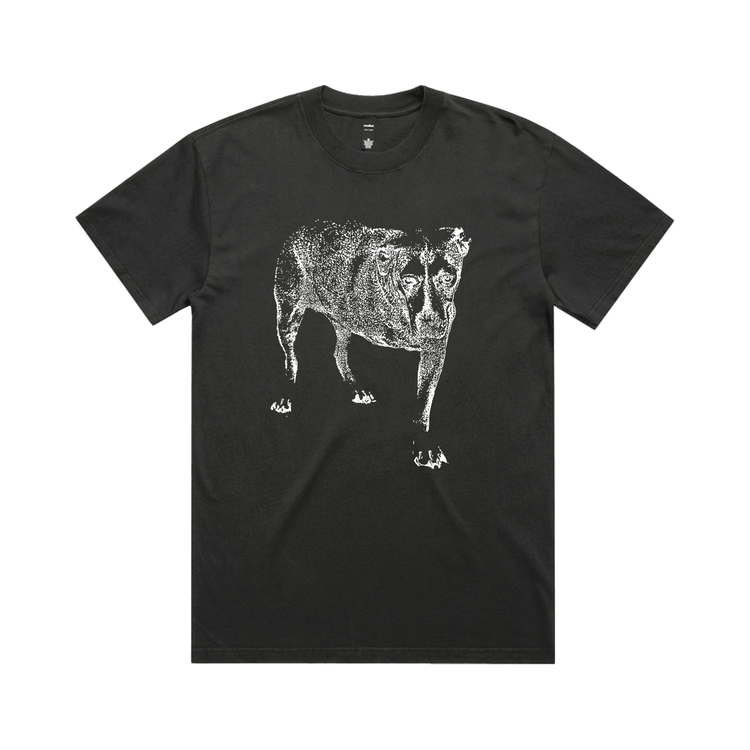 Black t-shirt from Alice In Chains official store featuring a white stippled dog graphic and logo black design
