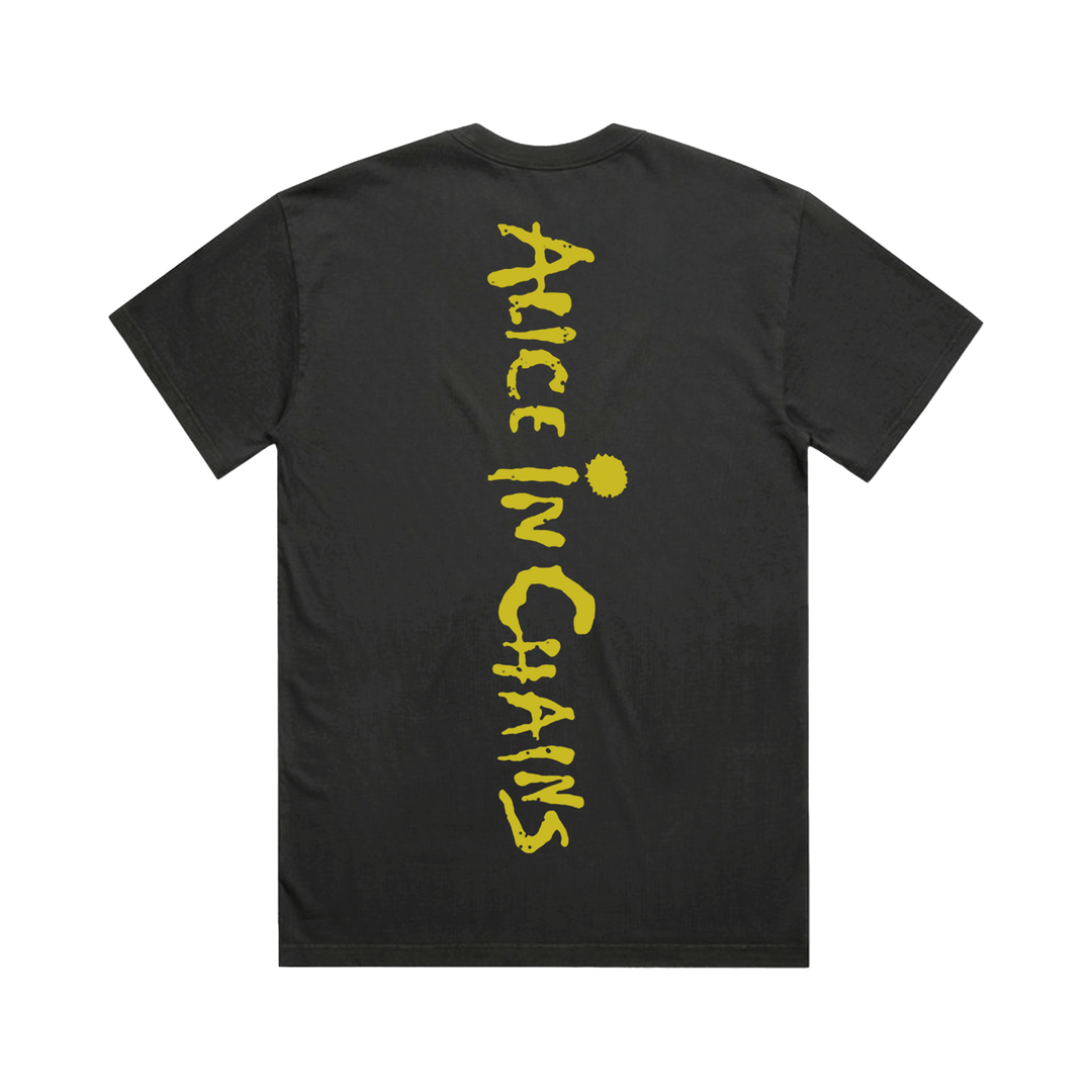 Back side of official alice in chains logo black t-shirt with bold yellow alice in chains print on short-sleeved cotton fabric