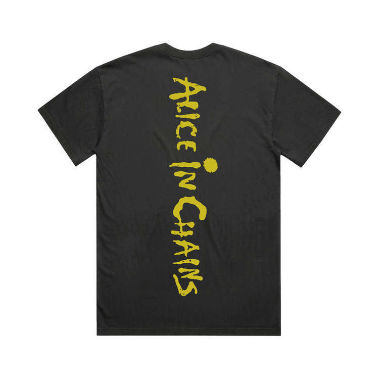 Back side of official alice in chains logo black t-shirt with bold yellow alice in chains print on short-sleeved cotton fabric