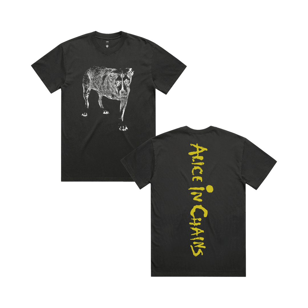 Black t-shirt with white dog graphic on front and yellow Alice In Chains logo black script on back from Official Store