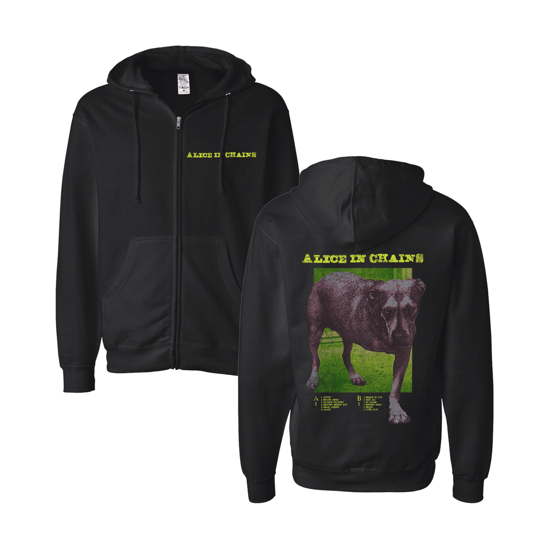 Back of black medium weight unisex zip hoodie with chains three-legged dog graphic and alice in chains print in yellow