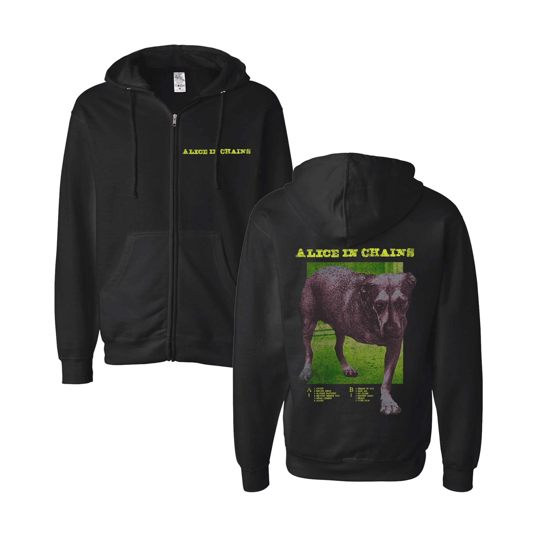 Back of black medium weight unisex zip hoodie with chains three-legged dog graphic and alice in chains print in yellow