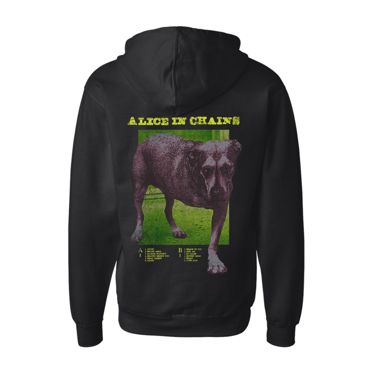 Black alice in chains dog tracklist hoodie back featuring yellow text and a graphic of a dog in cotton material