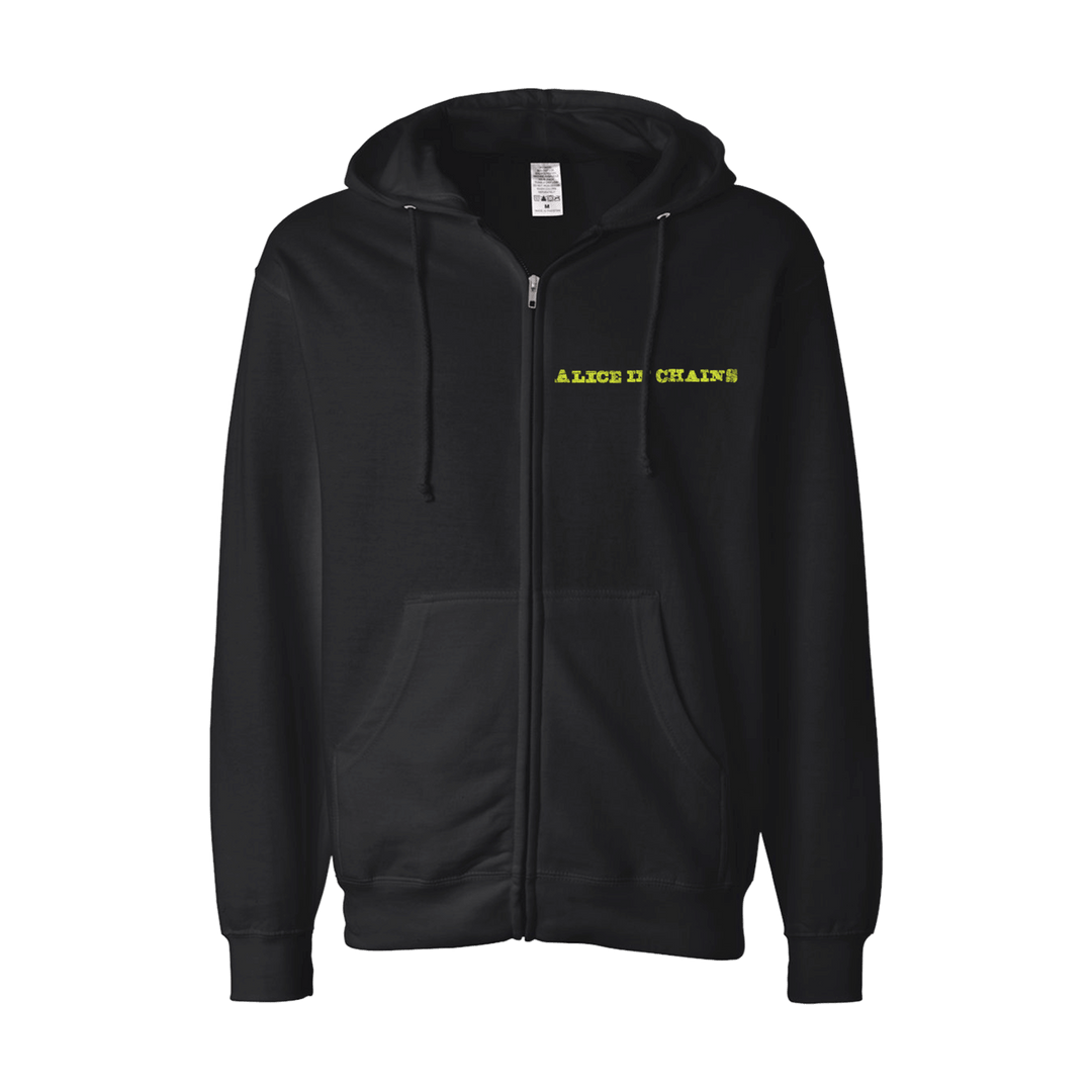 Black medium weight unisex zip hoodie with neon green alice in chains three-legged dog embroidery across chest