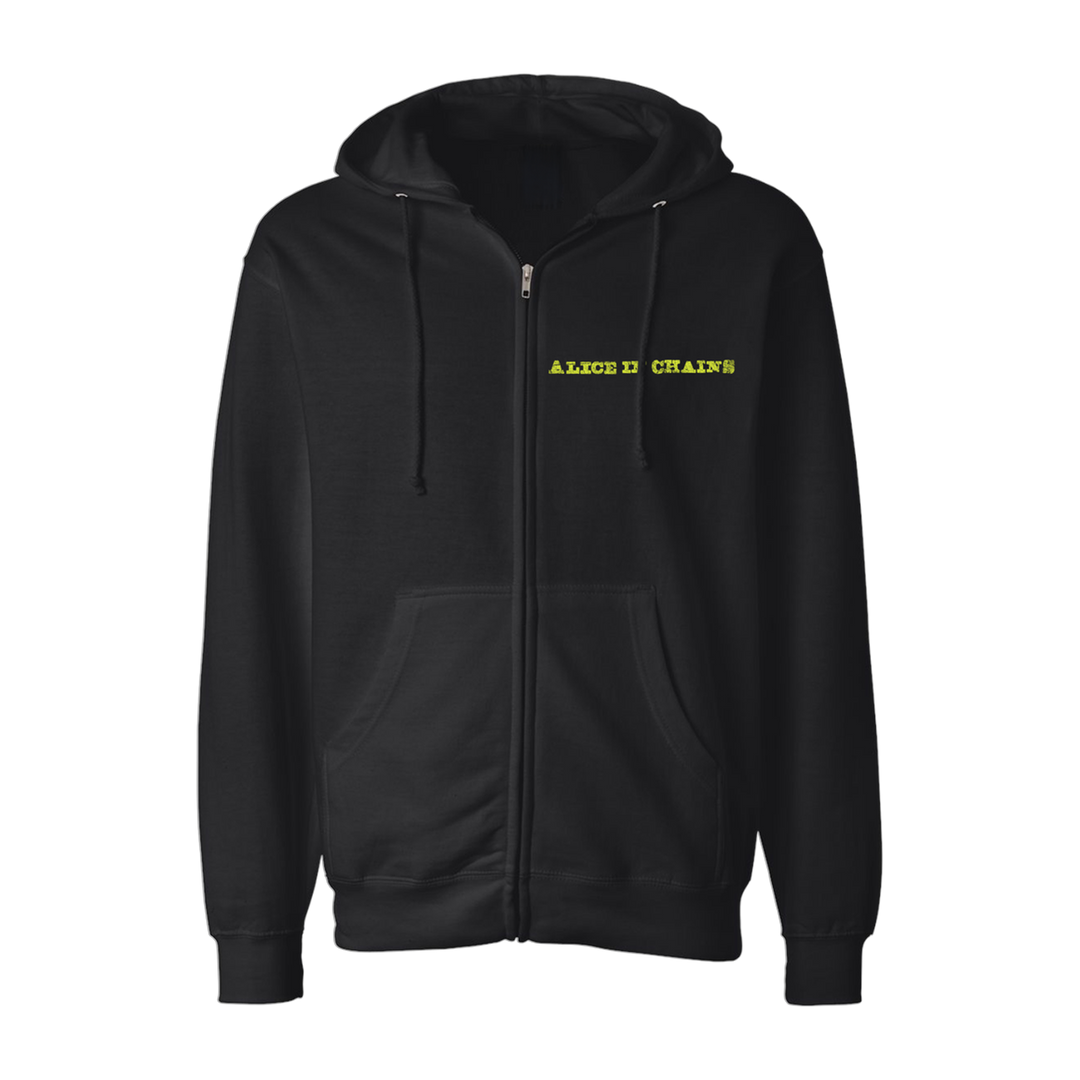 Black alice in chains zip-up hoodie with neon yellow embroidered band name across chest dog tracklist hoodie