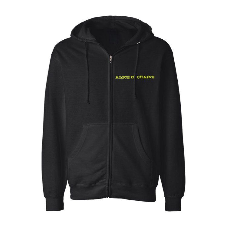 Black alice in chains zip-up hoodie with neon yellow embroidered band name across chest dog tracklist hoodie