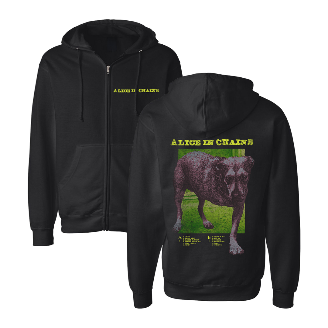 Black zip-up dog tracklist hoodie with a yellow alice in chains print and a dog graphic on the back