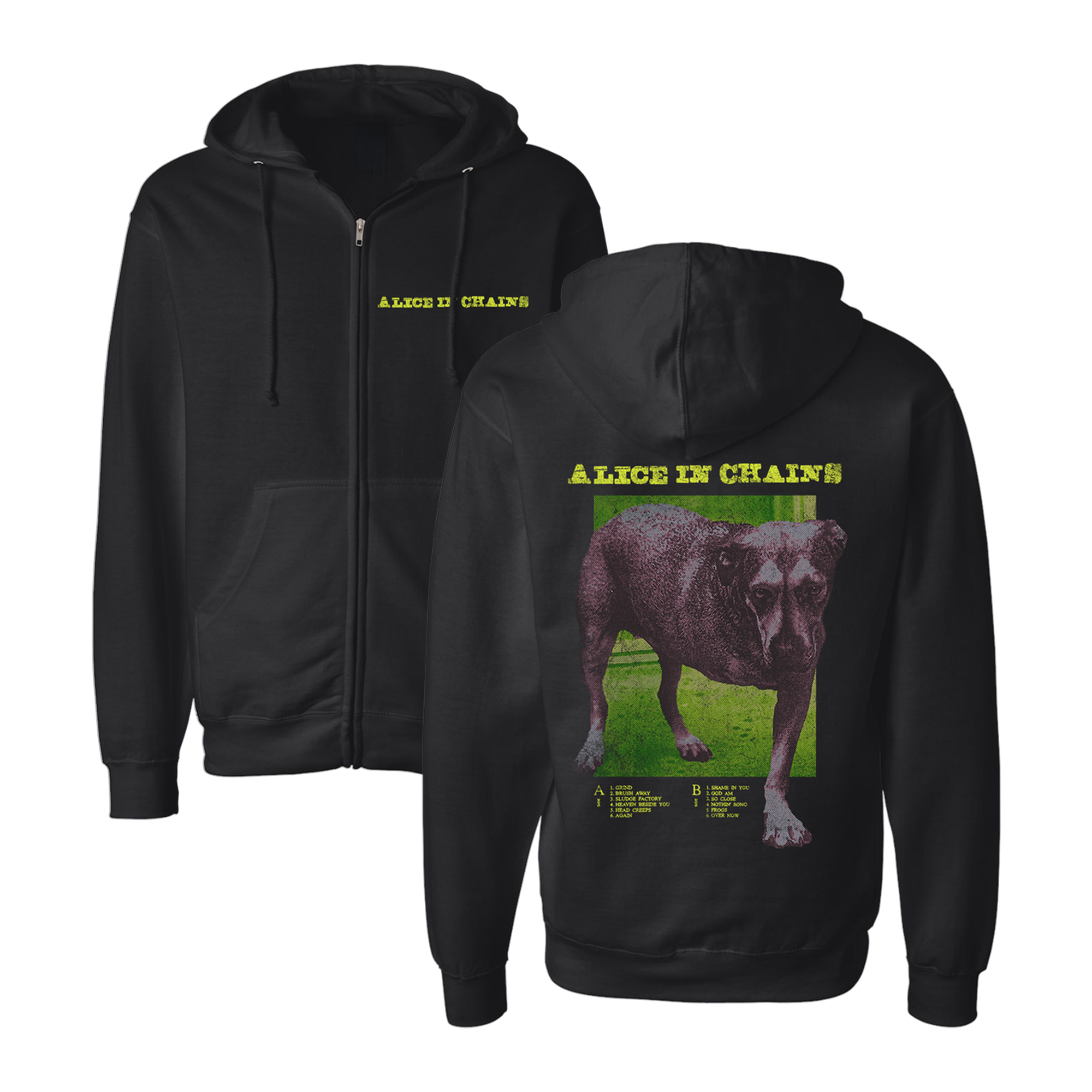 Black zip-up dog tracklist hoodie with a yellow alice in chains print and a dog graphic on the back