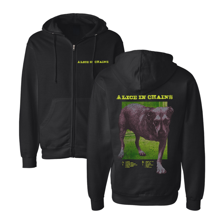 Black zip-up dog tracklist hoodie with a yellow alice in chains print and a dog graphic on the back
