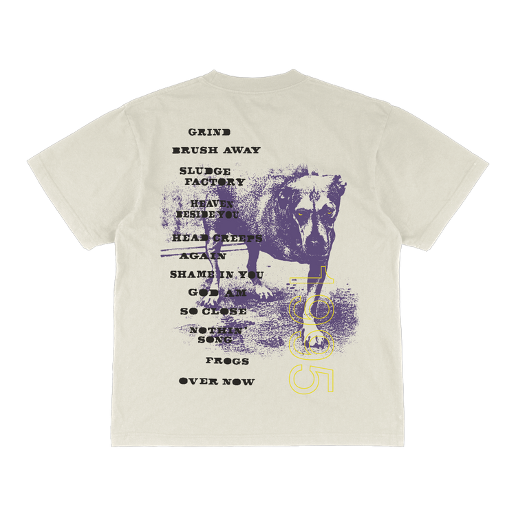 Cream-colored cotton t-shirt featuring a distressed purple graphic of a dog with black and yellow text overlay.