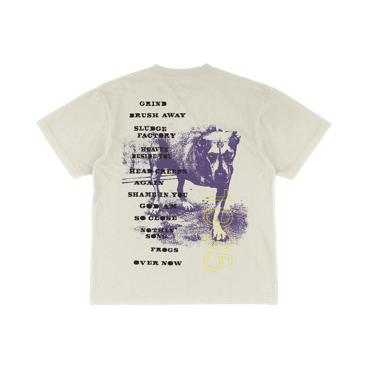 Off-white dog tracklist t-shirt with purple dog graphic and black yellow text from Alice In Chains official store