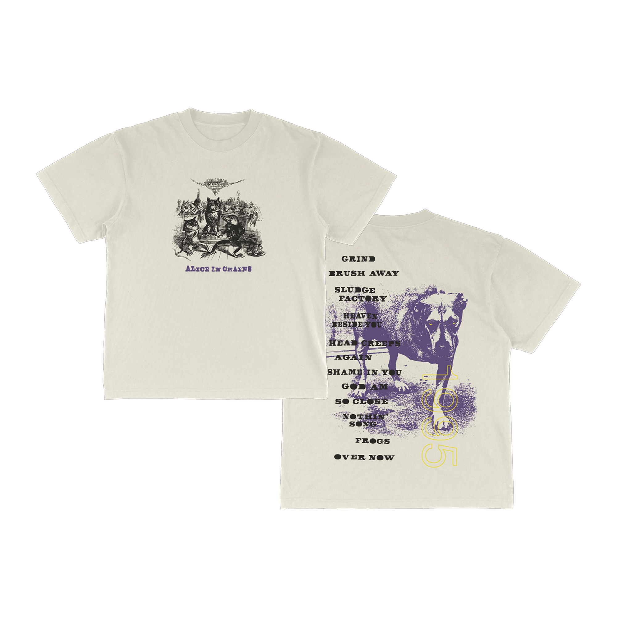 Cream-colored alice in chains t-shirt featuring a black-and-purple graphic design with band-related imagery and text on the front and back.