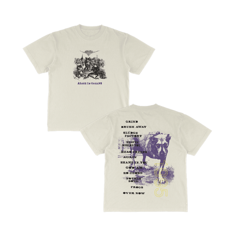Cream dog tracklist t-shirt from alice in chains official store with black purple front graphic and dog print on back