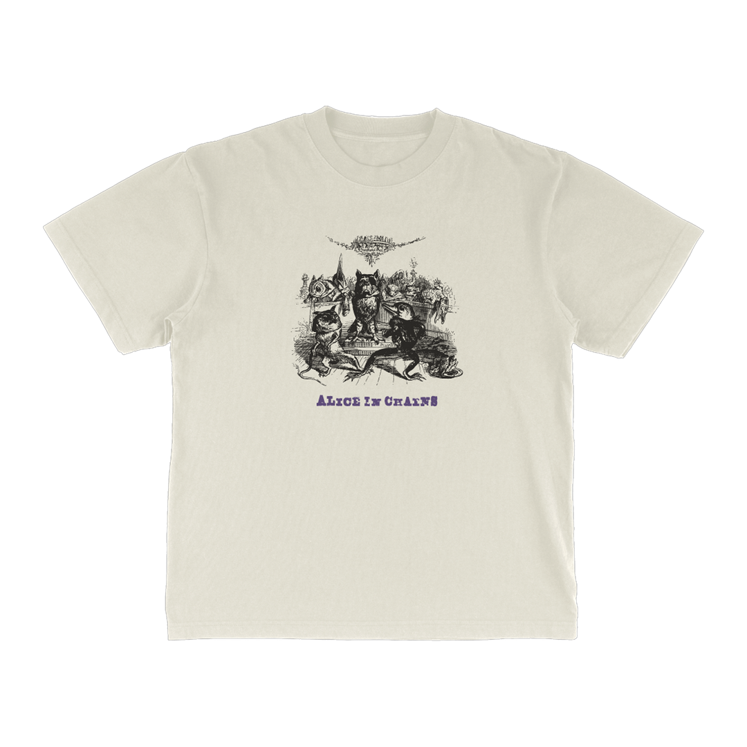 Cream-colored cotton t-shirt featuring a black ink illustration of the band alice in chains’ iconic album art, with ’alice in chains’ printed below in purple lettering.