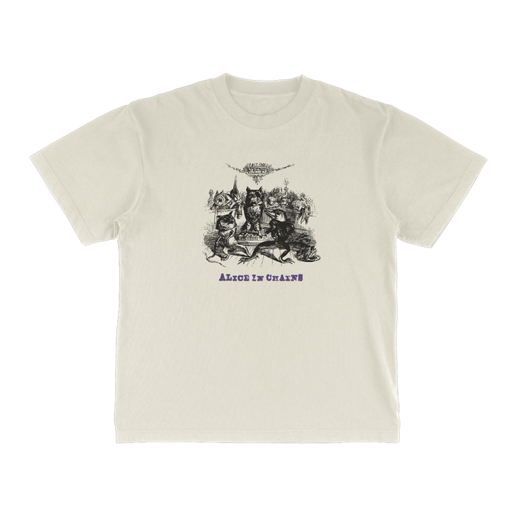 Cream-colored cotton t-shirt featuring a black ink illustration of the band alice in chains’ iconic album art, with ’alice in chains’ printed below in purple lettering.