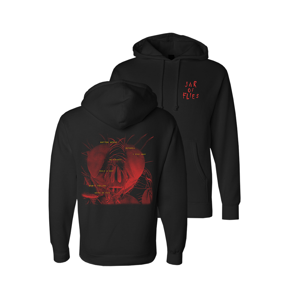 Black hoodie sweatshirt with red graphic design on the back and small text on the front.